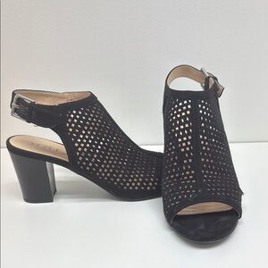Unisa Black Open Toe Ankle Strap Heels with Perforated Design